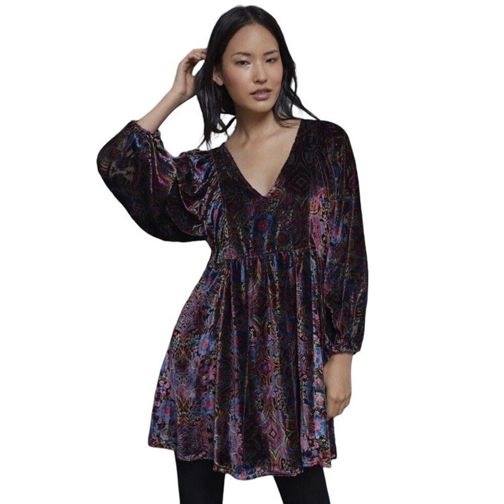 NEW $168 Anthropologie Asymmetrical Velvet Paisley Boho Long Sleeve Mini Dress S